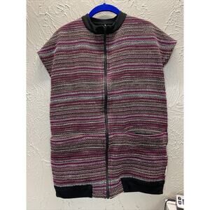 Woven Womens Striped‎ Vest Burgundy Black White Reversible Full Zip Front Sz M